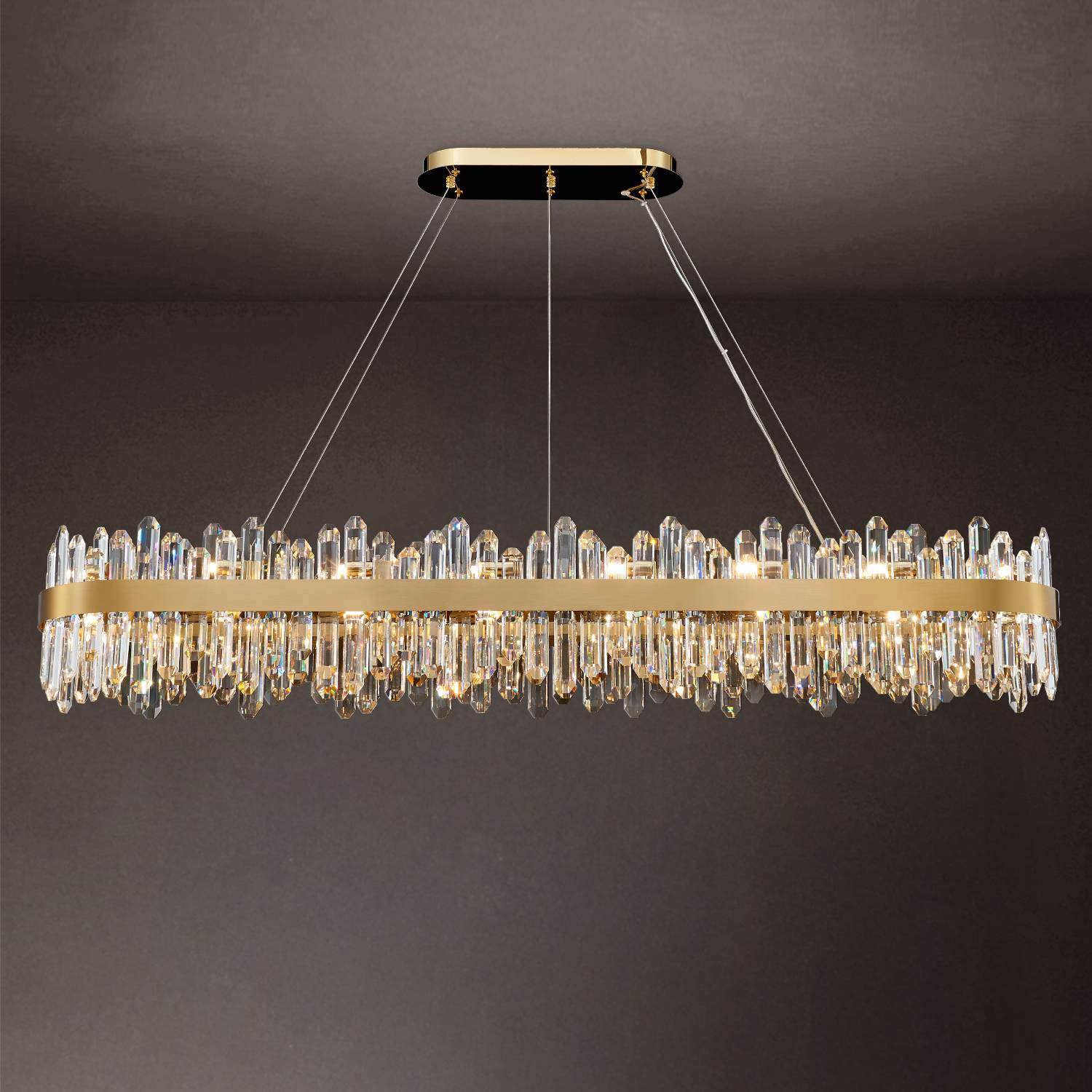 Rectangular gold K9 crystal chandelier hanging with adjustable cables