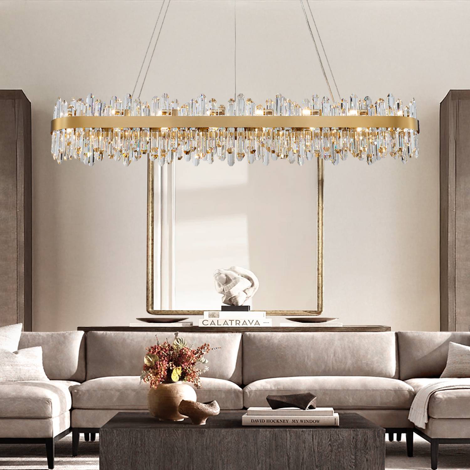 Gold linear crystal chandelier in modern living room