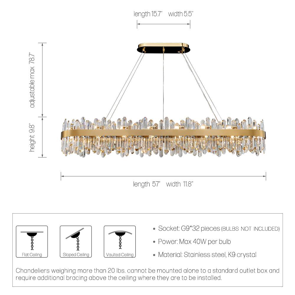 Gold rectangular 57 inch crystal chandelier dimensions and bulb guide