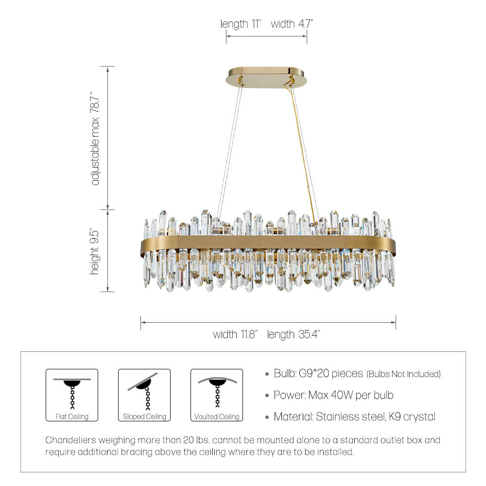Modern 20-Light Oval K9 Crystal Chandelier | 35.4 Inch Length, G9 Pendant Ceiling Light Fixture - Luxury Lighting for Dining Room