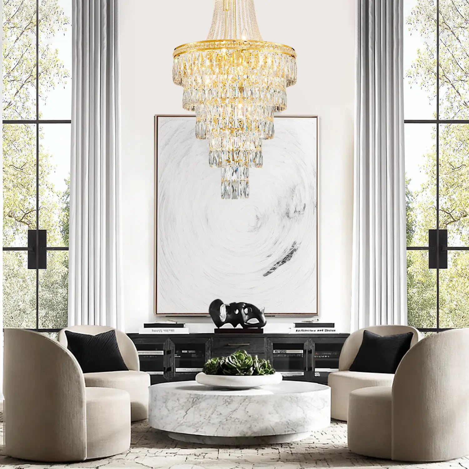 Gold 2-tier crystal chandelier in modern living room