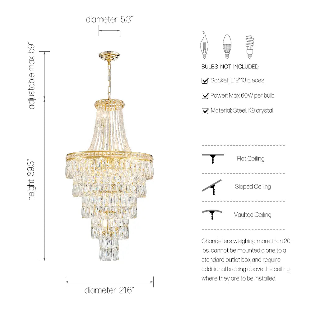 Gold 22 inch 2-tier crystal chandelier dimensions and bulb guide