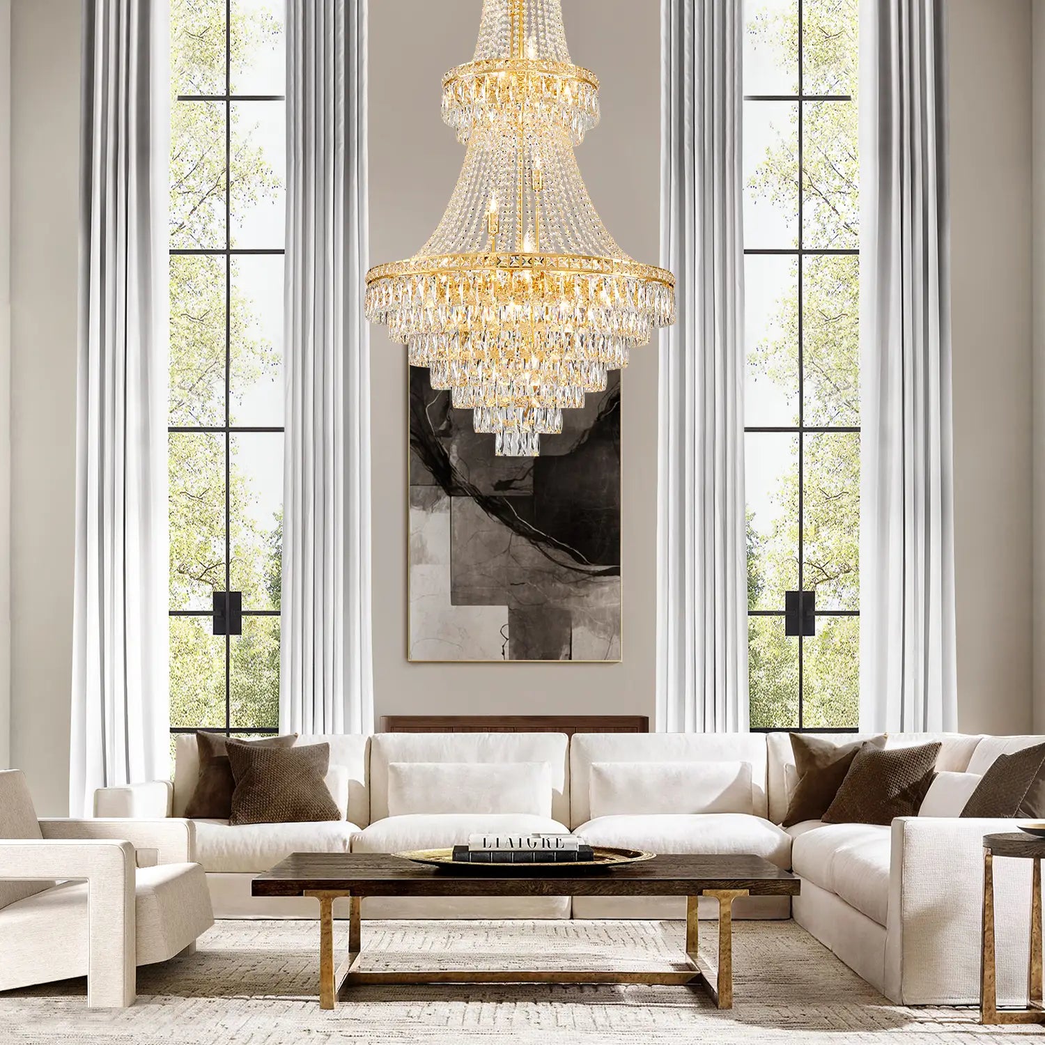 Large gold crystal chandelier in bright living room