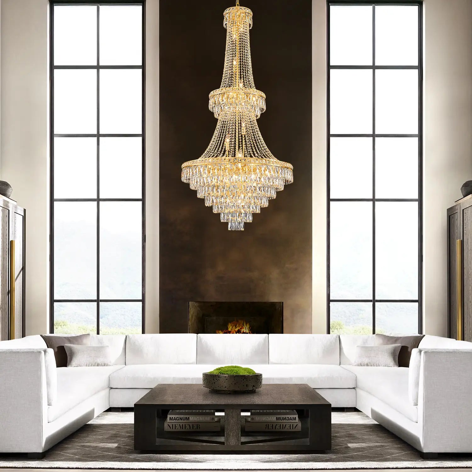 Close-up of gold frame and K9 crystal prisms on large chandelier
