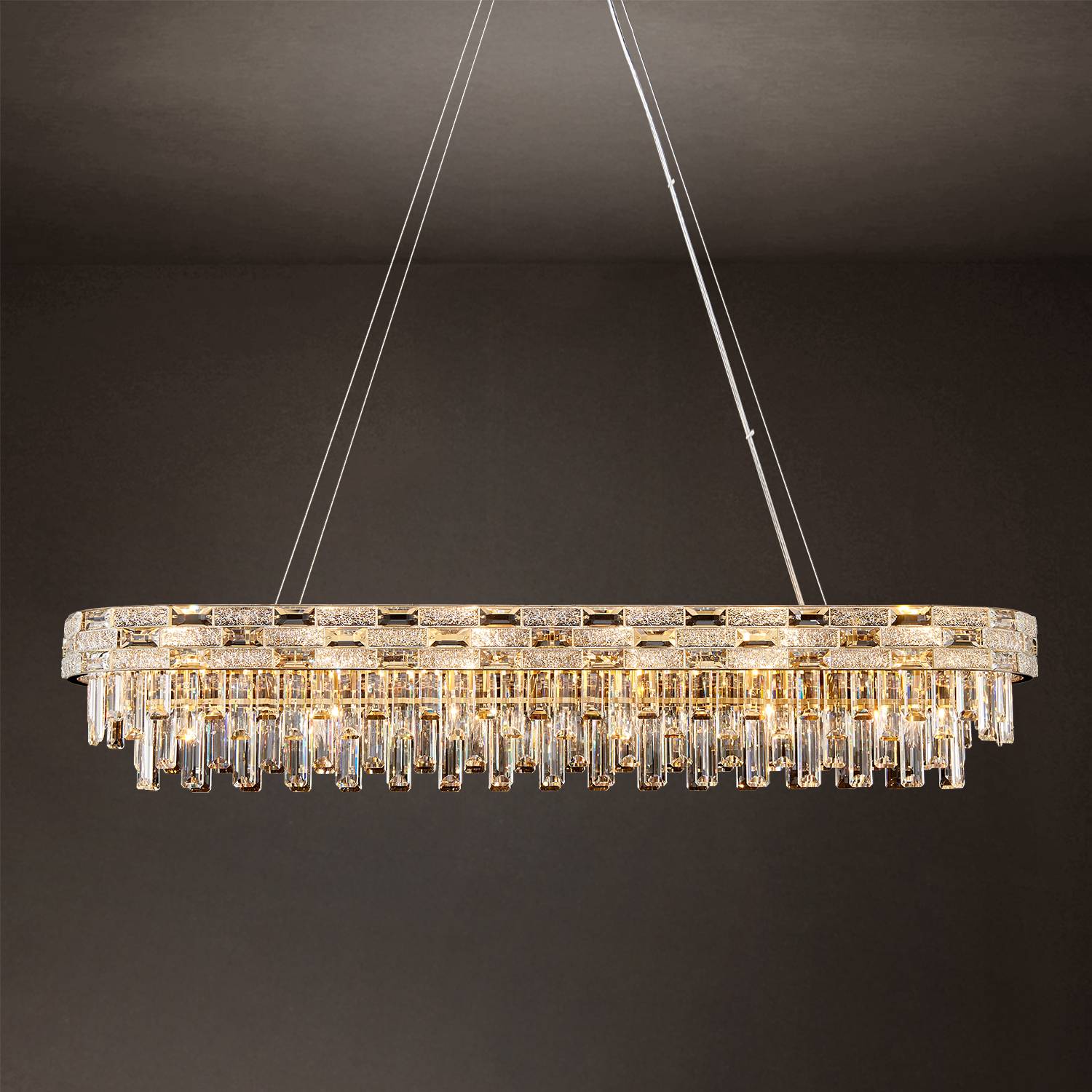 Oval gold crystal chandelier hanging with adjustable cables