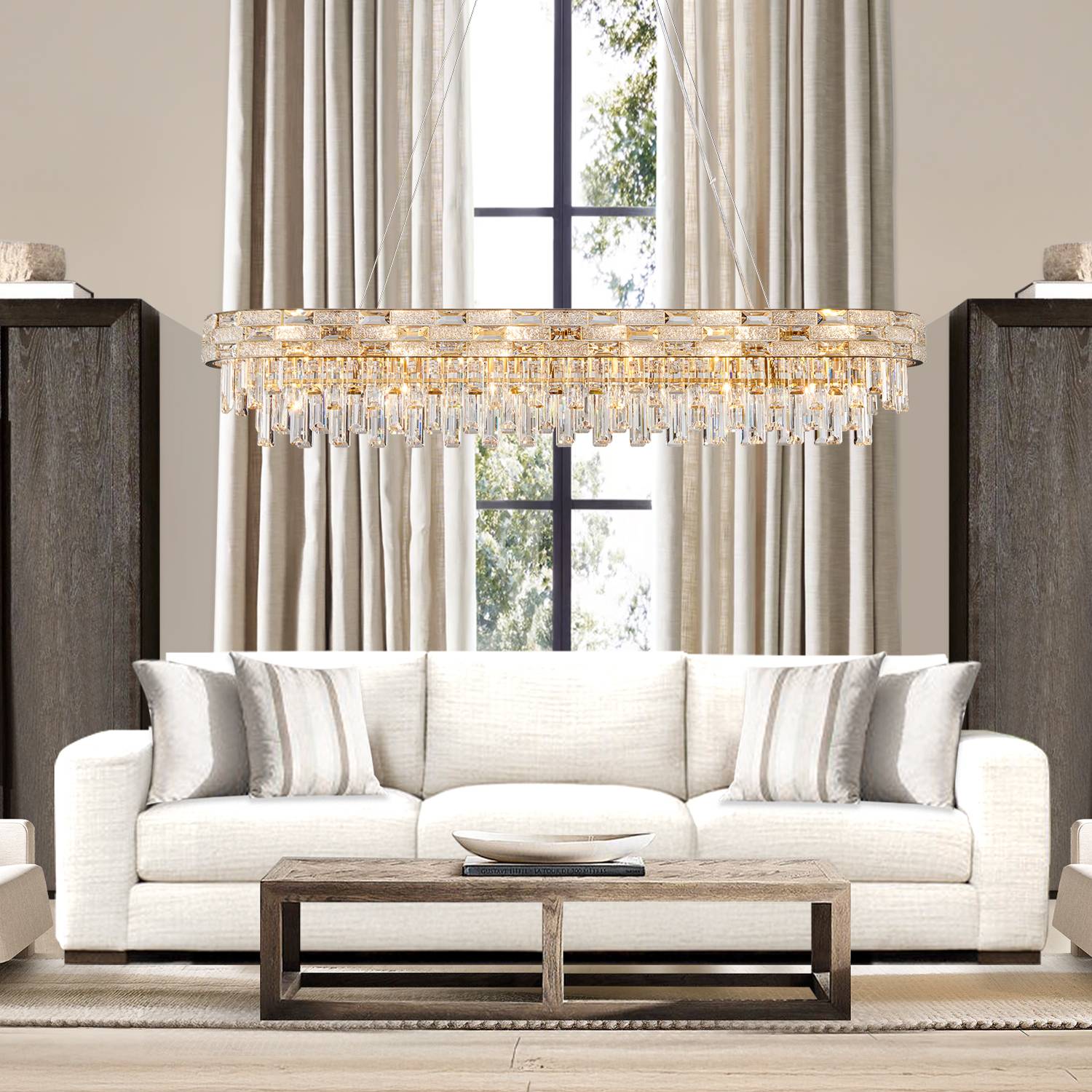 Oval gold K9 crystal chandelier in modern living room