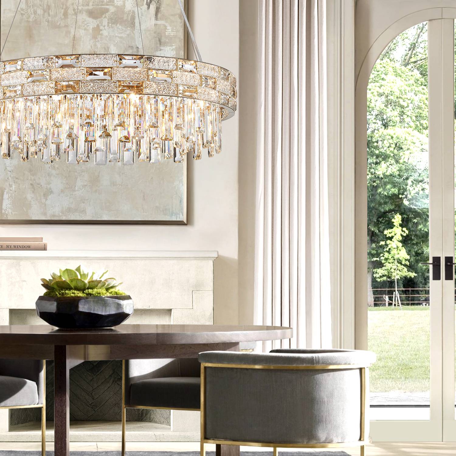 Round K9 crystal chandelier in modern dining room