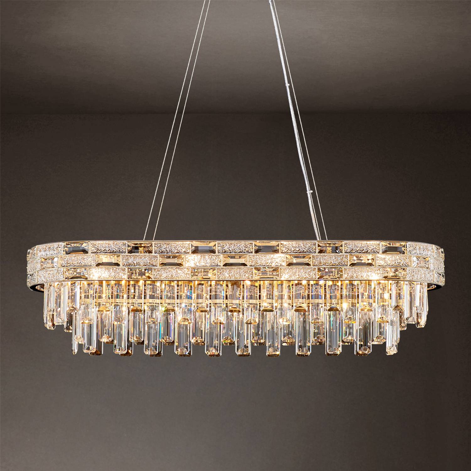 Oval gold crystal chandelier hanging with adjustable cables