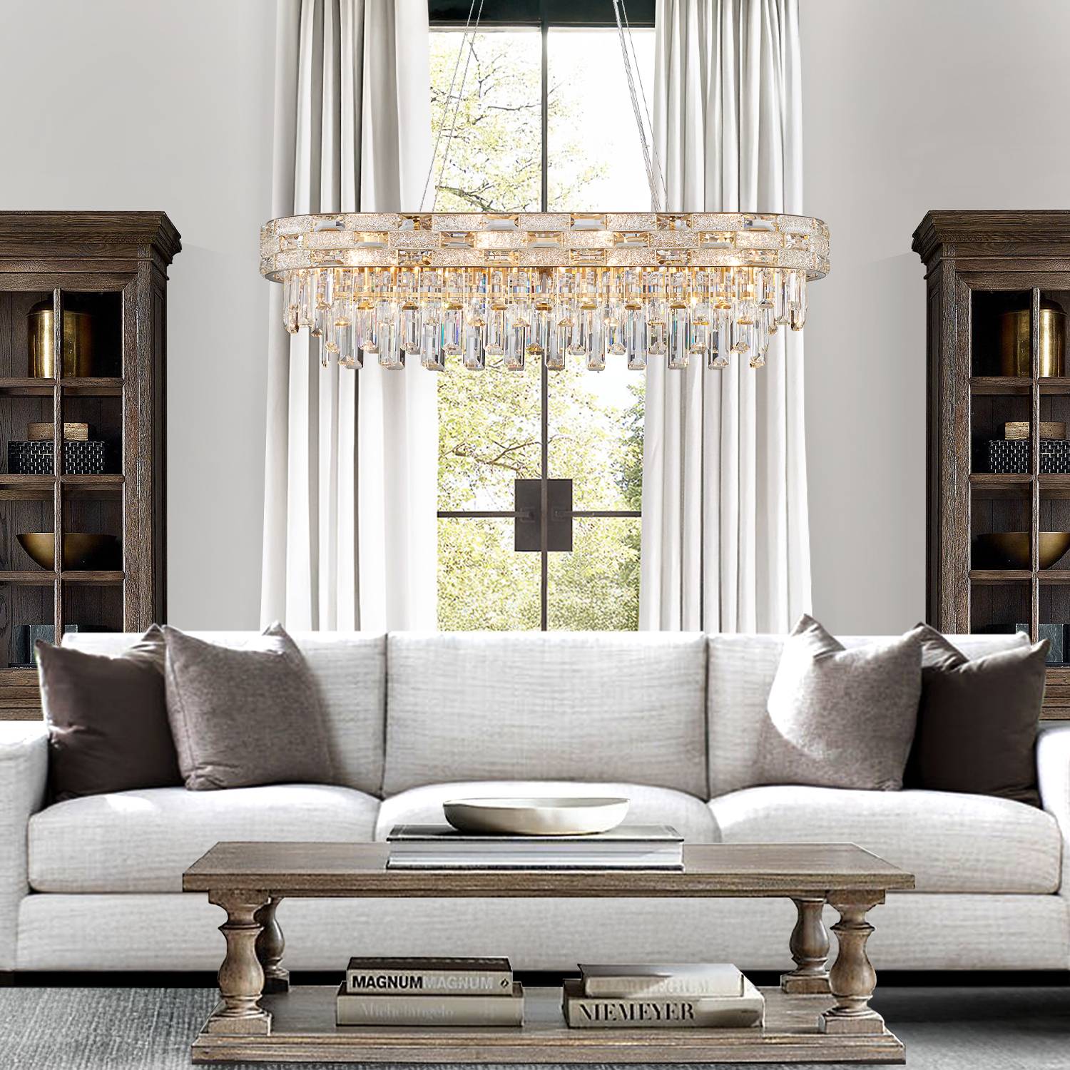 Oval K9 crystal chandelier in modern living room