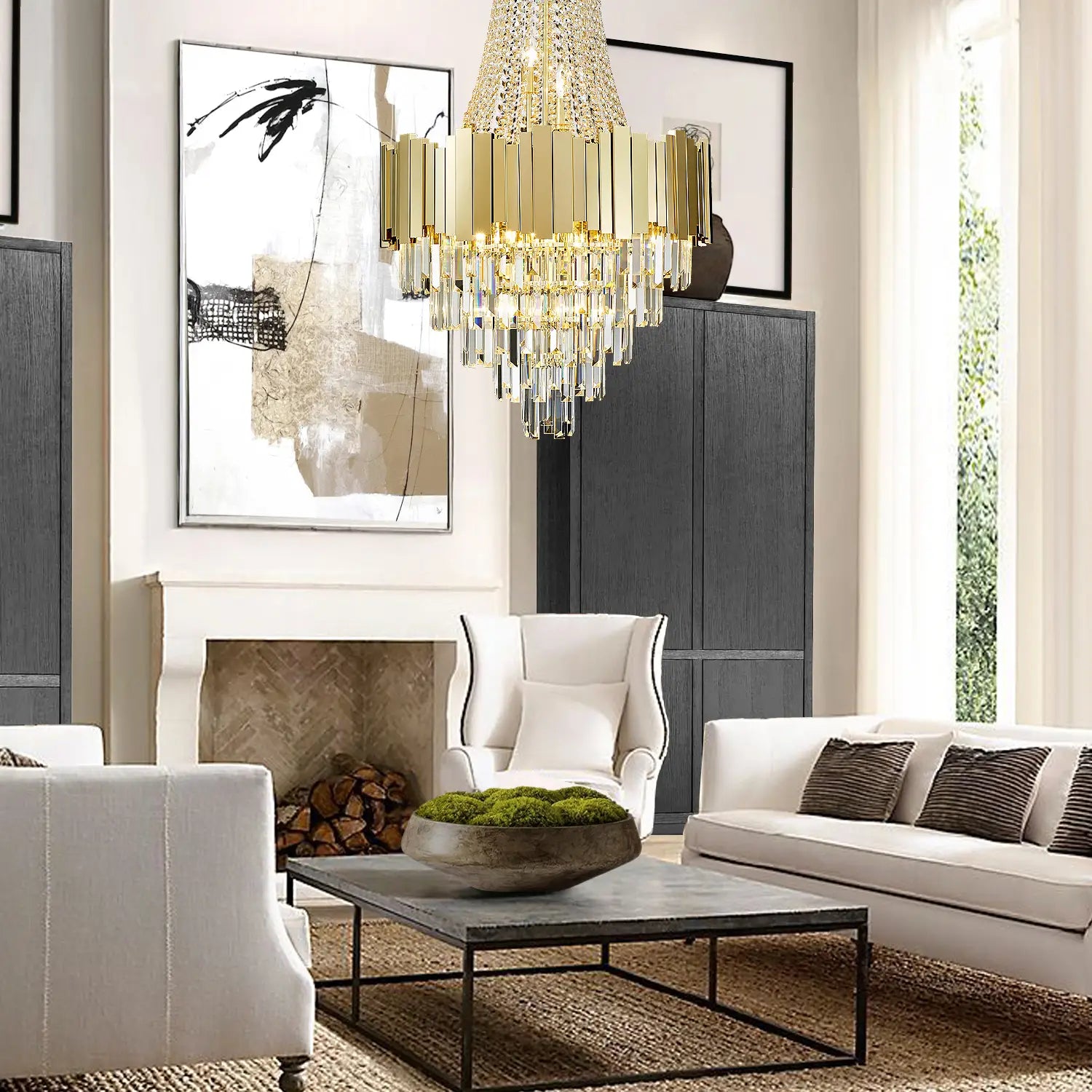 Gold crystal chandelier in modern living room