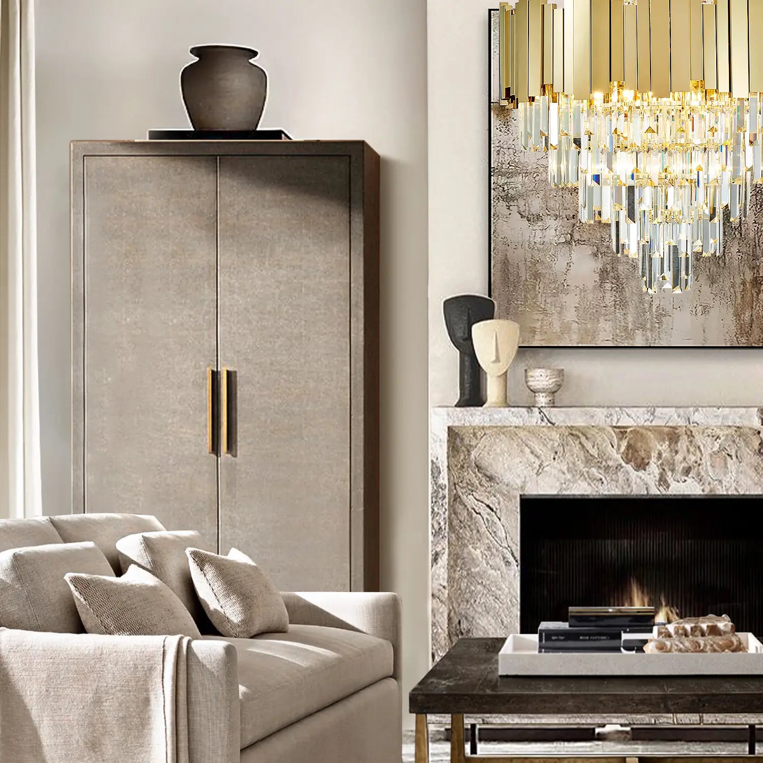 Gold crystal chandelier in living room with fireplace