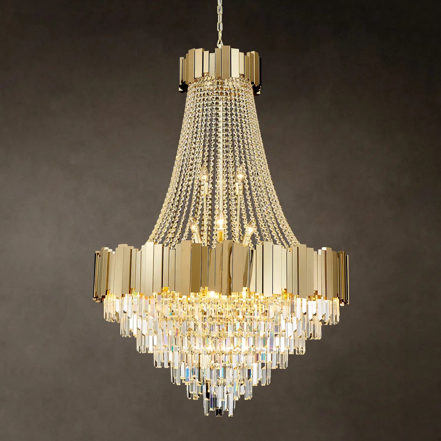 Large gold 35.8 inch 3-tier K9 crystal chandelier for foyer