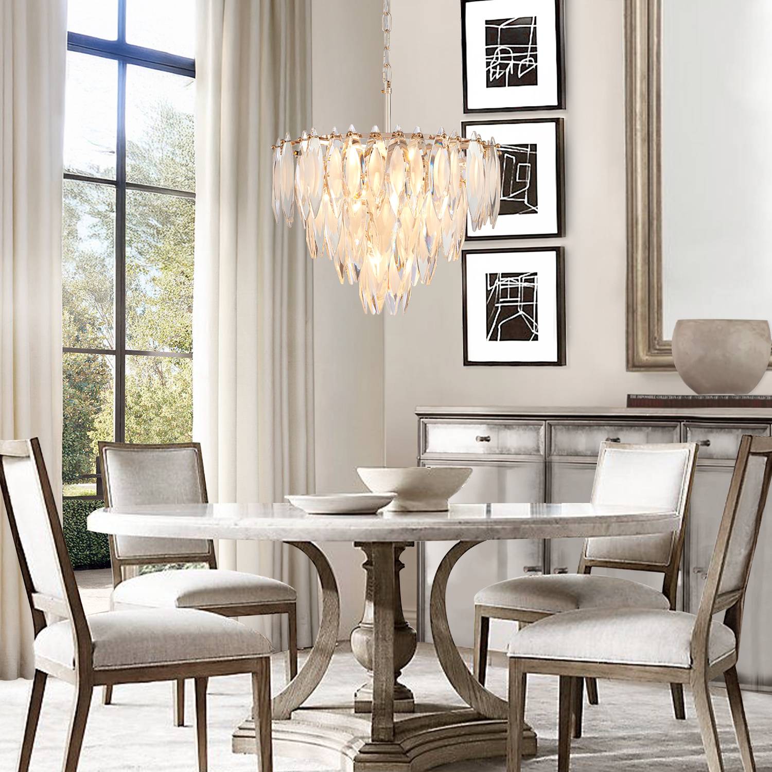 Gold crystal chandelier in luxury dining room