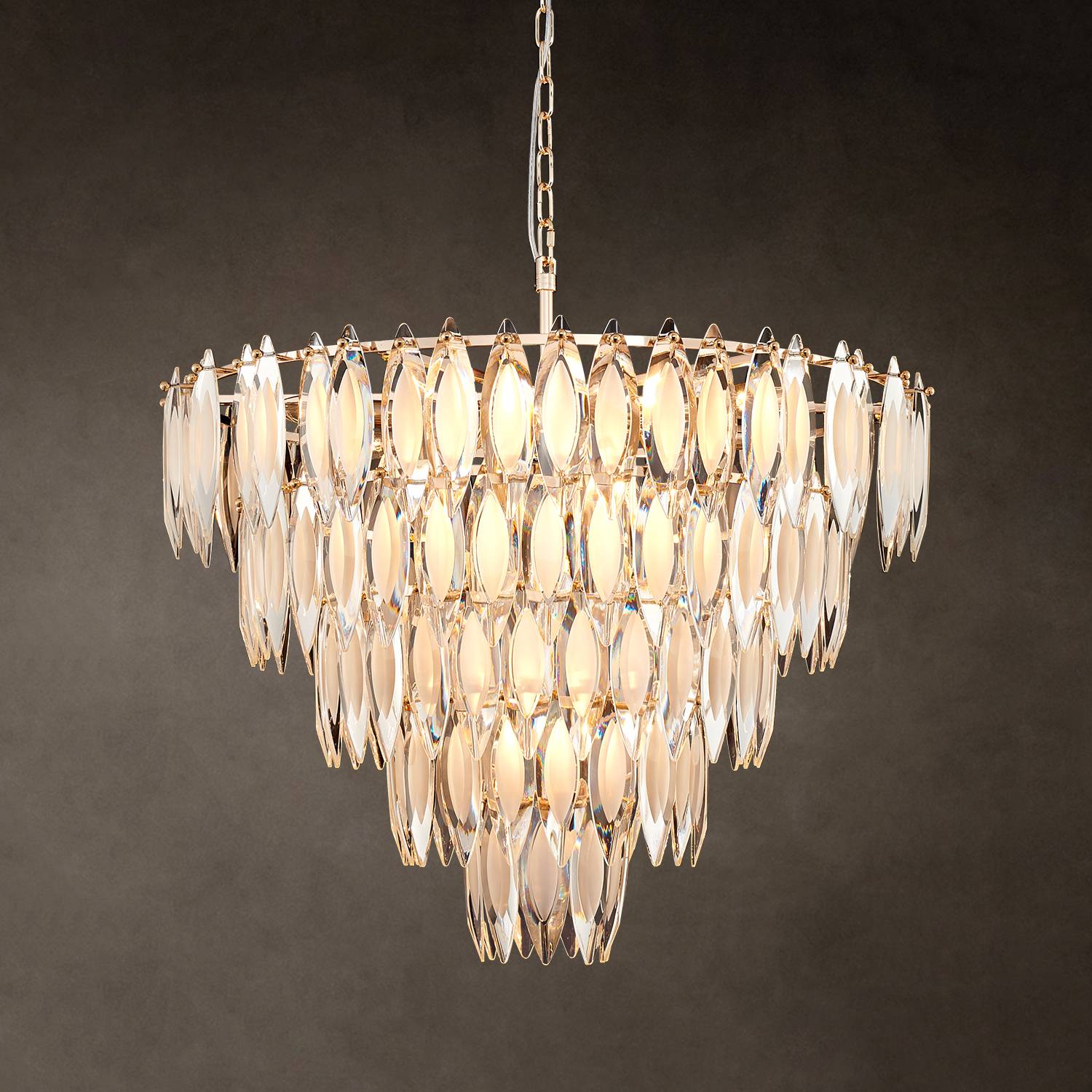 Round gold multi-tier K9 crystal chandelier with leaf crystals