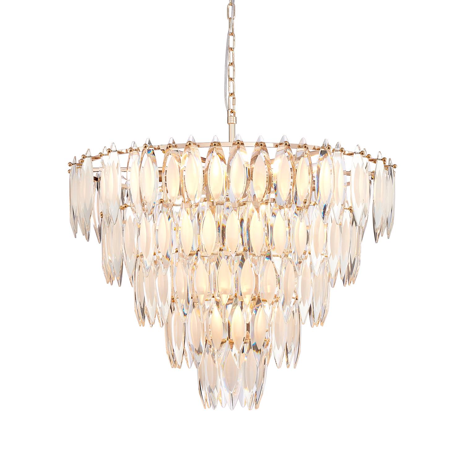 Large round gold multi-tier K9 crystal chandelier on white background