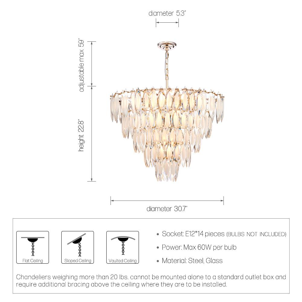 Large round gold crystal chandelier dimensions and bulb guide