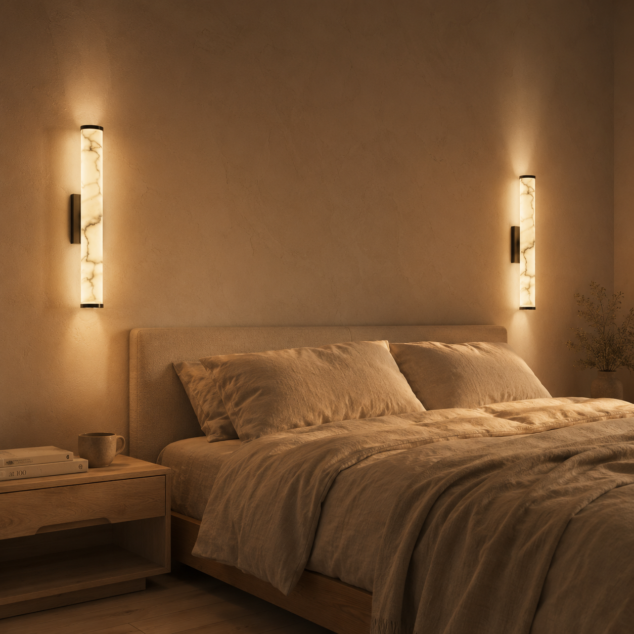 Falynis Alabaster Wall Sconce — Cylinder Wall Light with Brass-Finished Base, 11.8" to 31.4", Integrated LED, Hallway & Bedroom