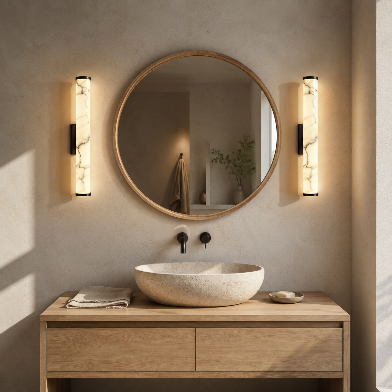 Falynis Alabaster Wall Sconce — Cylinder Wall Light with Brass-Finished Base, 11.8" to 31.4", Integrated LED, Hallway & Bedroom