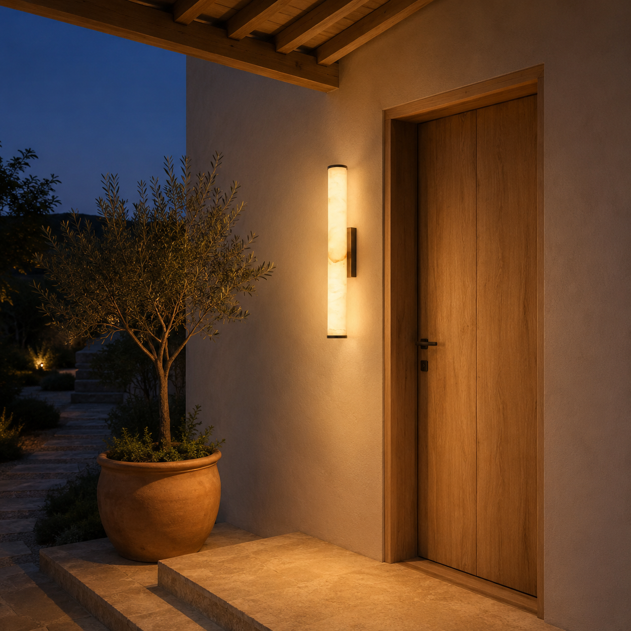 Falynis Alabaster Wall Sconce — Cylinder Wall Light with Brass-Finished Base, 11.8" to 31.4", Integrated LED, Hallway & Bedroom