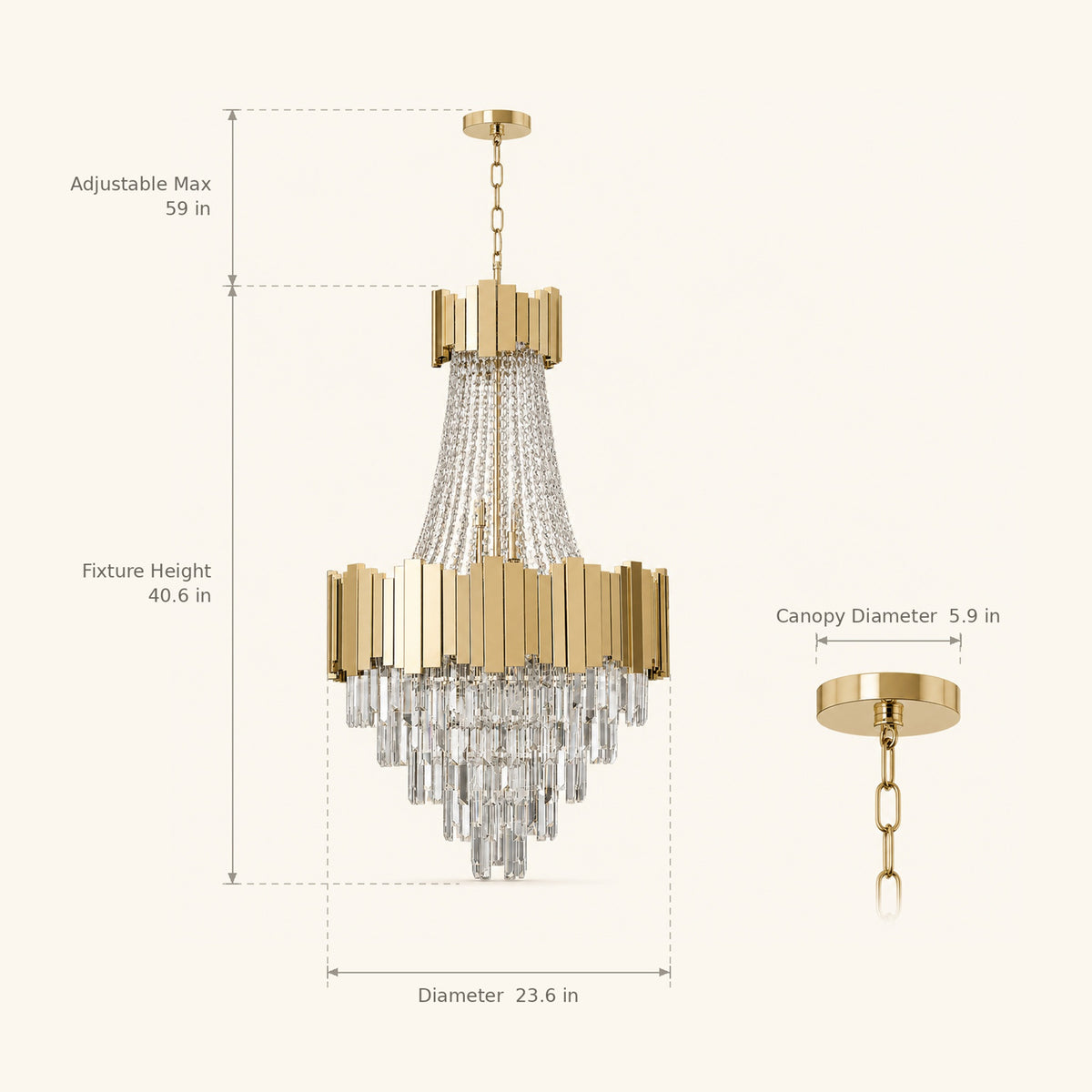 Gold Crystal Chandelier Diameter 23.6" for Foyer, Staircase, Entryway