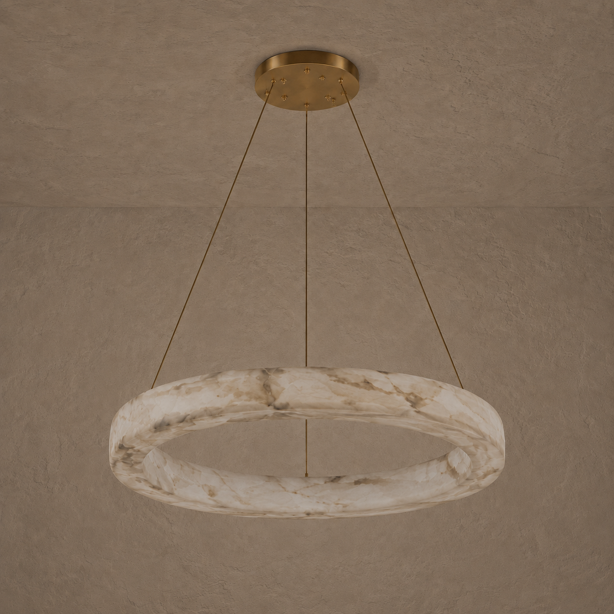 Kyklos Alabaster Ring Chandelier - Round LED Halo Pendant Light with Brass Canopy for Dining Room, Living Room & Bedroom