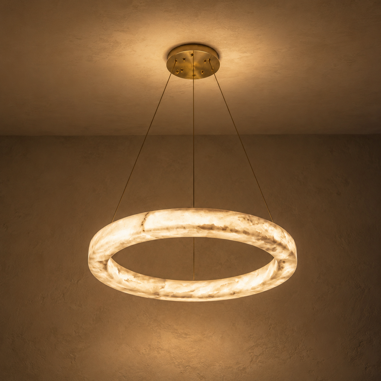 Kyklos Alabaster Ring Chandelier - Round LED Halo Pendant Light with Brass Canopy for Dining Room, Living Room & Bedroom