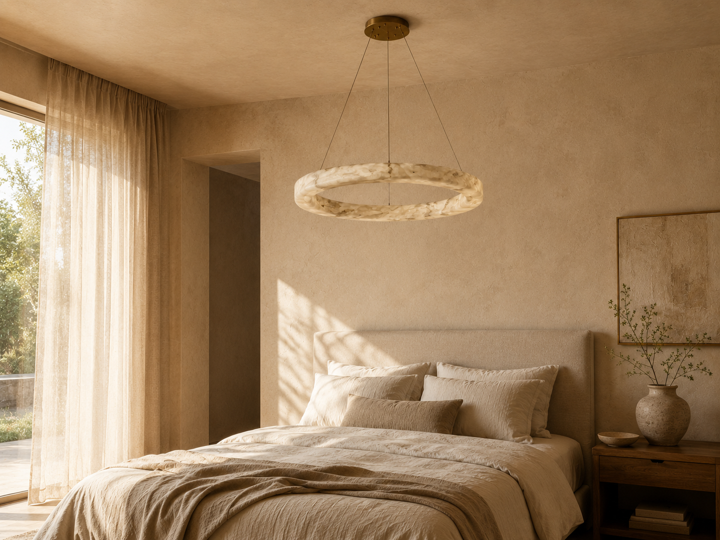 Kyklos Alabaster Ring Chandelier - Round LED Halo Pendant Light with Brass Canopy for Dining Room, Living Room & Bedroom
