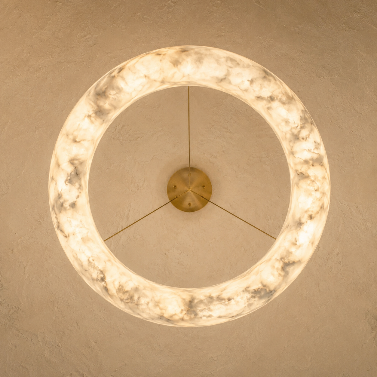Kyklos Alabaster Ring Chandelier - Round LED Halo Pendant Light with Brass Canopy for Dining Room, Living Room & Bedroom