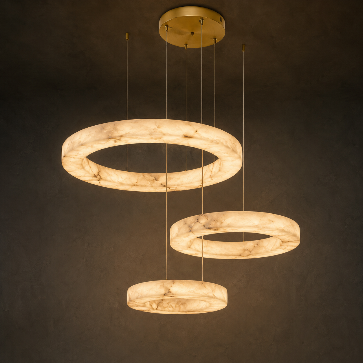 Kyklos Alabaster Ring Chandelier - Round LED Halo Pendant Light with Brass Canopy for Dining Room, Living Room & Bedroom
