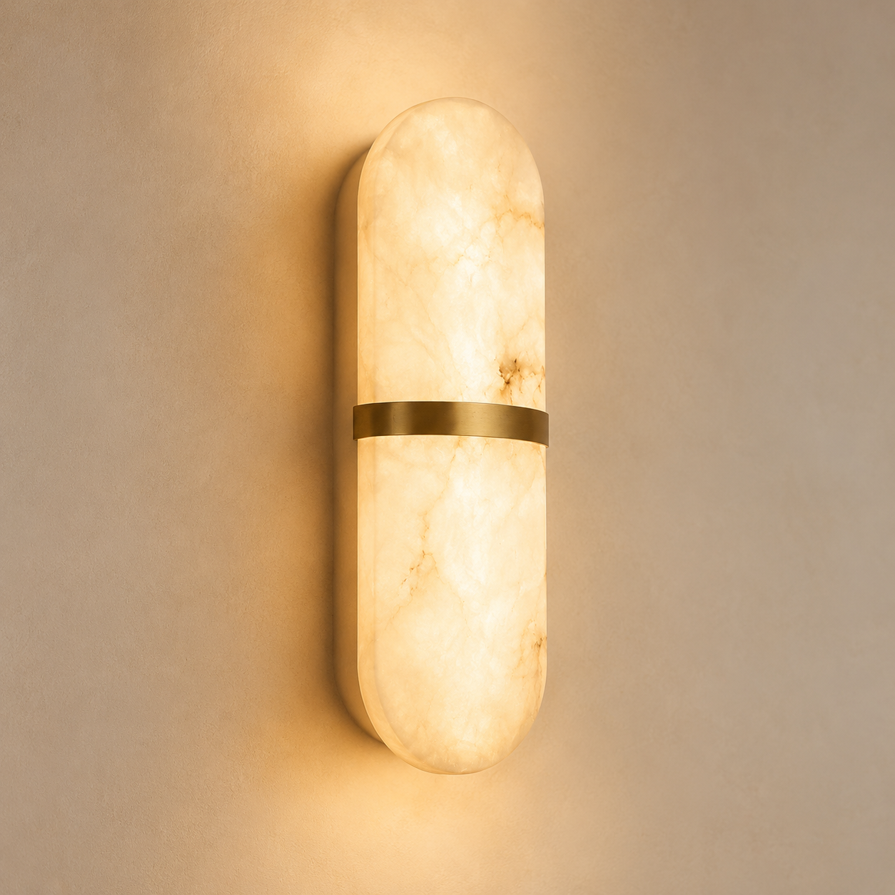 Marmo Alabaster Wall Sconce — Natural Spanish Alabaster & Brass Cylinder Wall Light, 15.7", Brass or Black, Bedside & Hallway