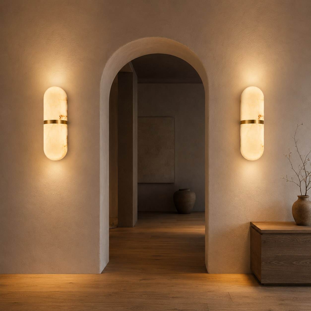 Marmo Alabaster Wall Sconce — Natural Spanish Alabaster & Brass Cylinder Wall Light, 15.7", Brass or Black, Bedside & Hallway
