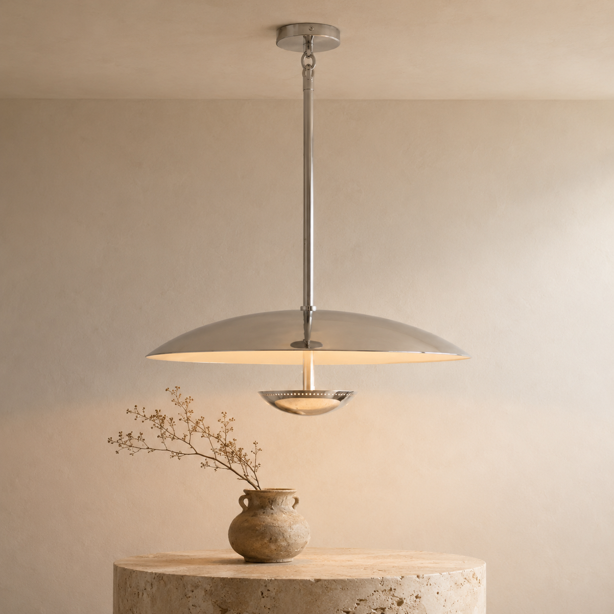 Oralis Brass Disc Pendant Light | Mid-Century Wide Dome Pendant for Dining Table & Kitchen Island