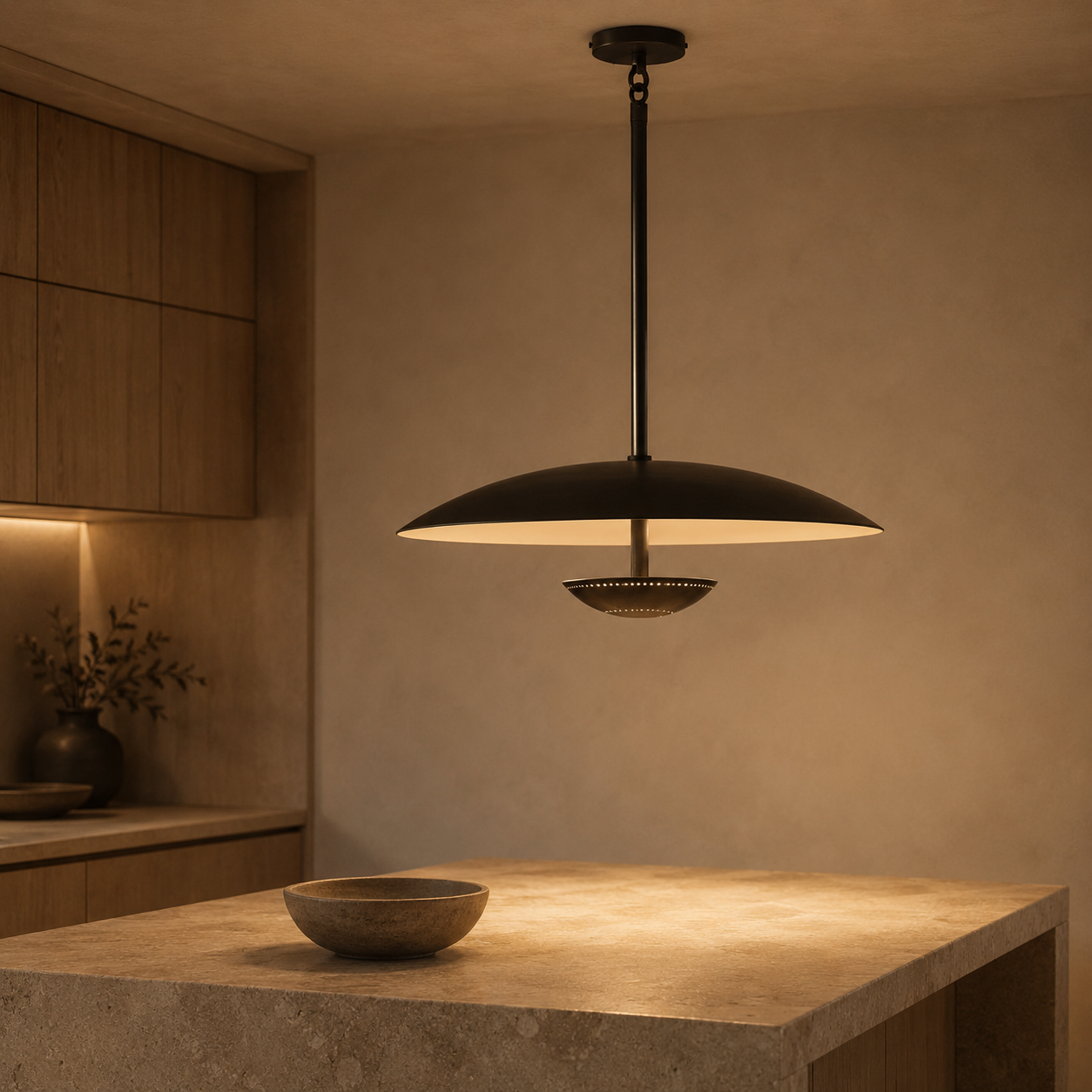 Oralis Brass Disc Pendant Light | Mid-Century Wide Dome Pendant for Dining Table & Kitchen Island