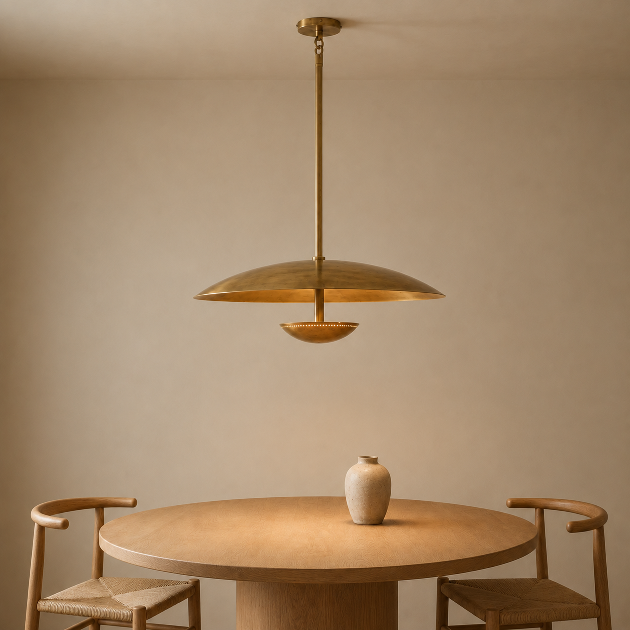 Oralis Brass Disc Pendant Light | Mid-Century Wide Dome Pendant for Dining Table & Kitchen Island