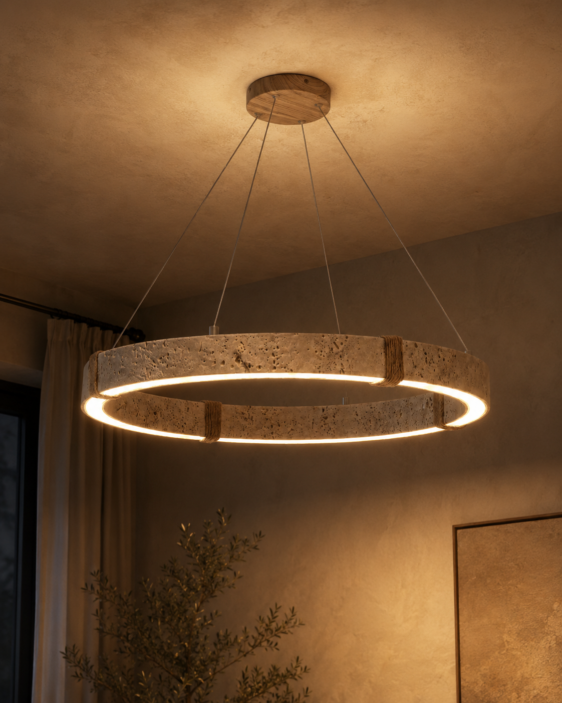 Ringo Round Travertine Ring Chandelier | Organic Modern LED Pendant for Dining & Living Rooms