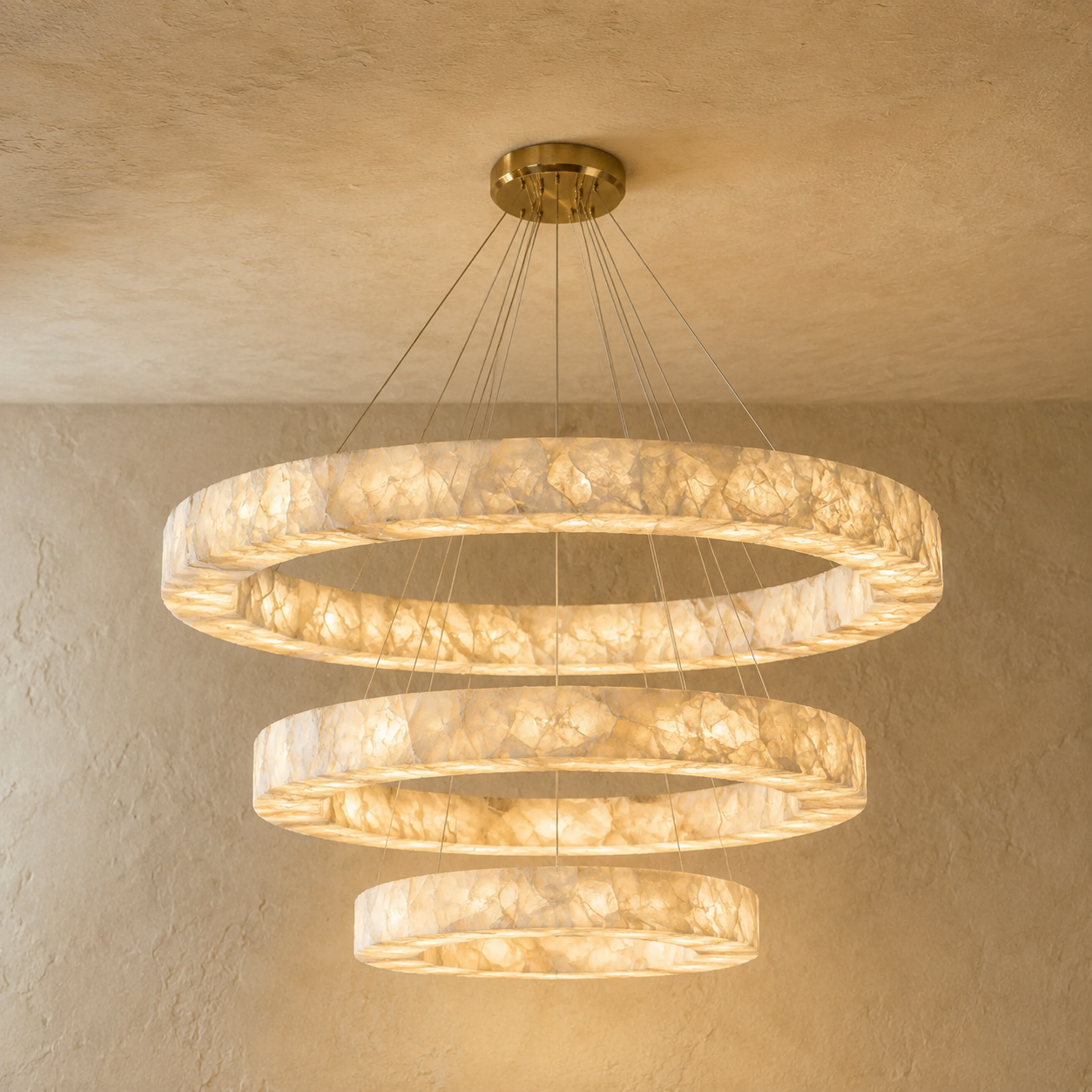 Alabaster Ring Chandelier Stefani – 1/2/3-Tier Round LED Halo Light for Living Room, Dining Room & Foyer