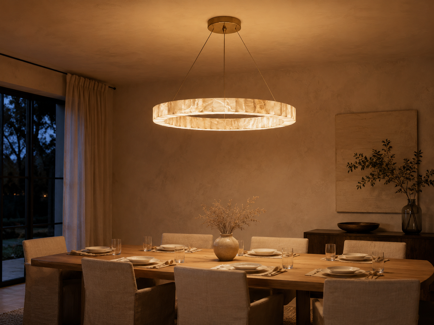 Alabaster Ring Chandelier Stefani – 1/2/3-Tier Round LED Halo Light for Living Room, Dining Room & Foyer