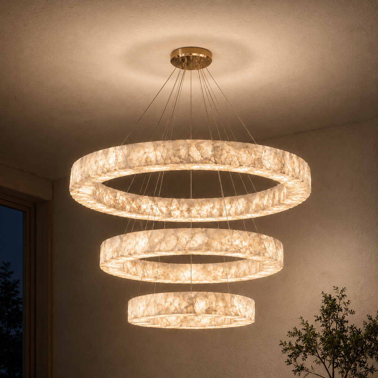 Alabaster Ring Chandelier Stefani – 1/2/3-Tier Round LED Halo Light for Living Room, Dining Room & Foyer