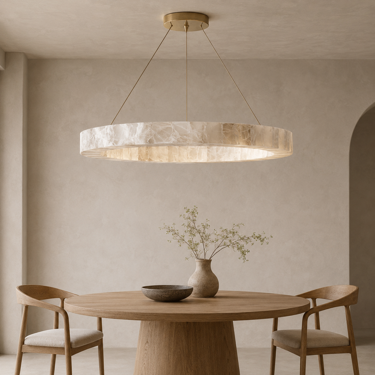 Alabaster Ring Chandelier Stefani – 1/2/3-Tier Round LED Halo Light for Living Room, Dining Room & Foyer