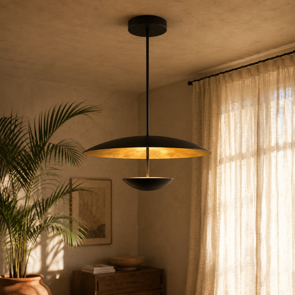 Voryn Wide Brass Pendant Light | Mid-Century Layered Dome Pendant for Dining Table & Kitchen Island