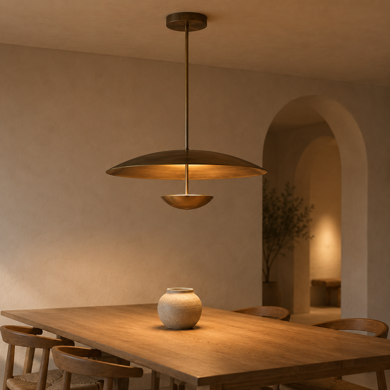 Voryn Wide Brass Pendant Light | Mid-Century Layered Dome Pendant for Dining Table & Kitchen Island