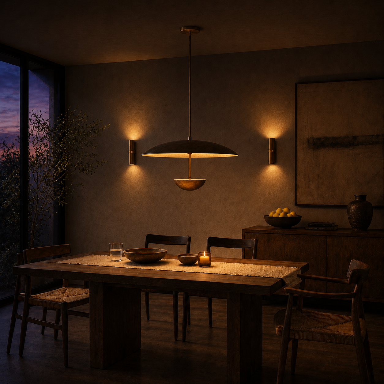 Voryn Wide Brass Pendant Light | Mid-Century Layered Dome Pendant for Dining Table & Kitchen Island