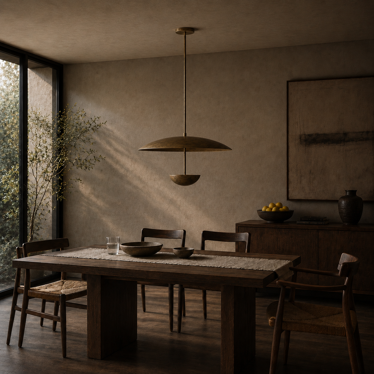 Voryn Wide Brass Pendant Light | Mid-Century Layered Dome Pendant for Dining Table & Kitchen Island