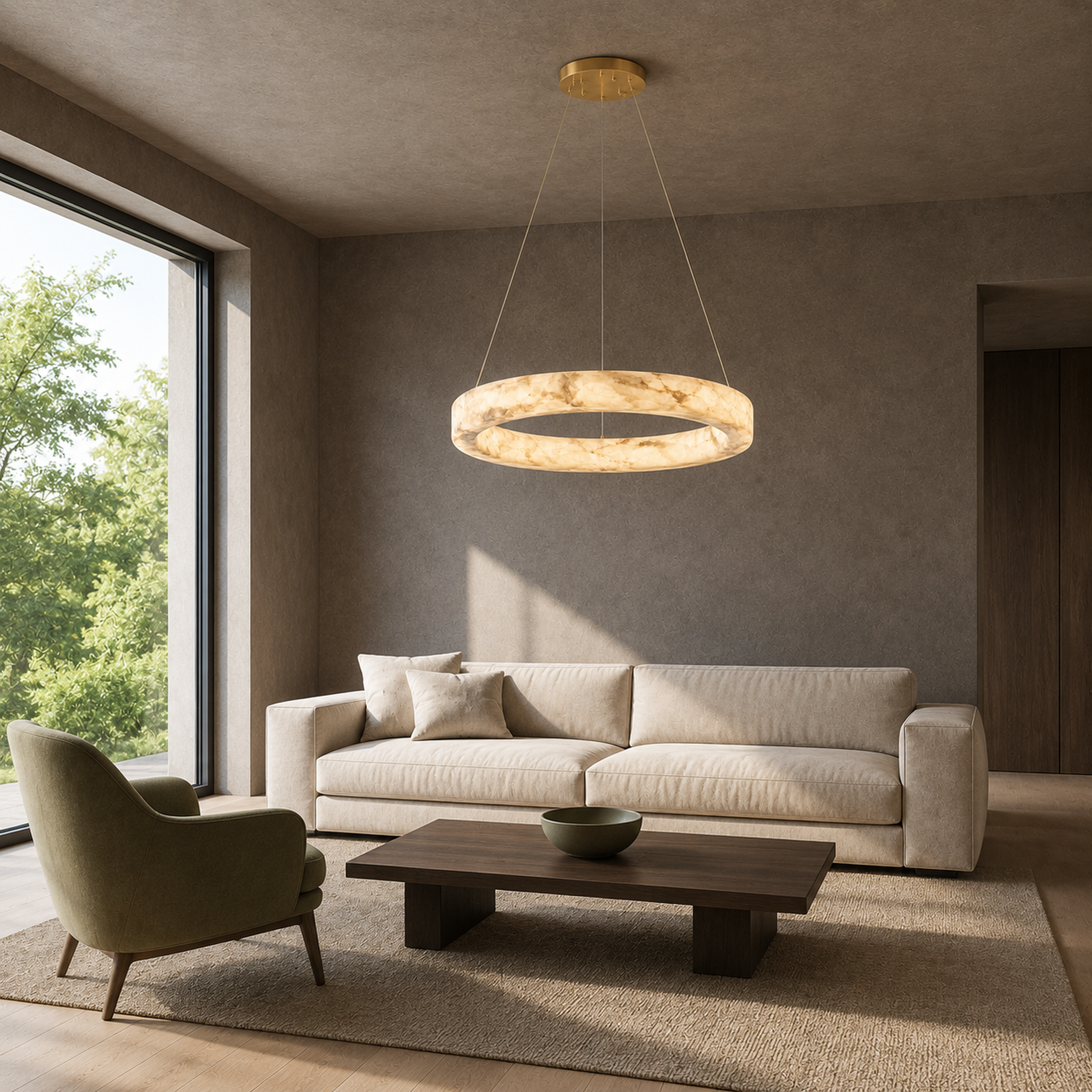 Kyklos Alabaster Ring Chandelier - Round LED Halo Pendant Light with Brass Canopy for Dining Room, Living Room & Bedroom