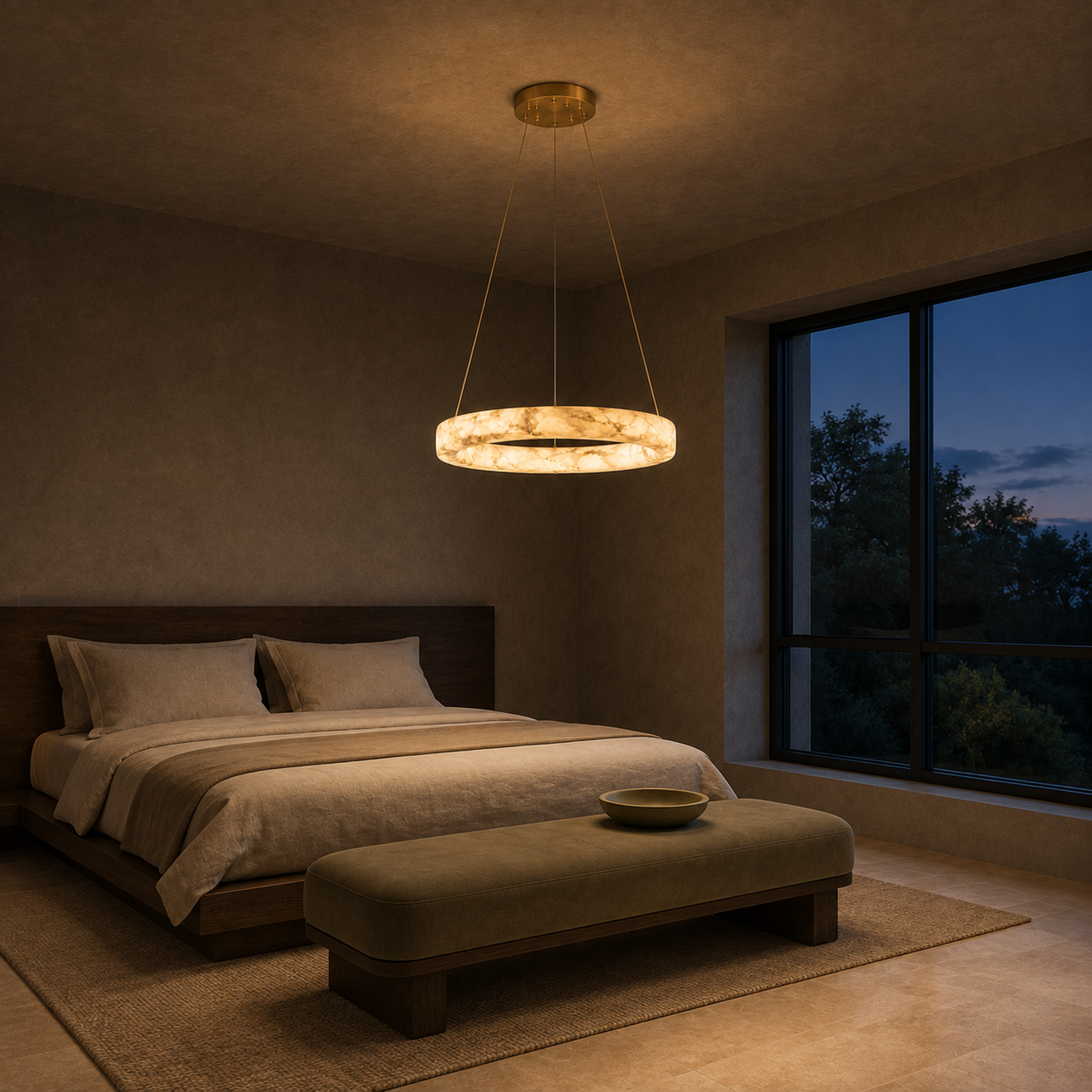 Kyklos Alabaster Ring Chandelier - Round LED Halo Pendant Light with Brass Canopy for Dining Room, Living Room & Bedroom