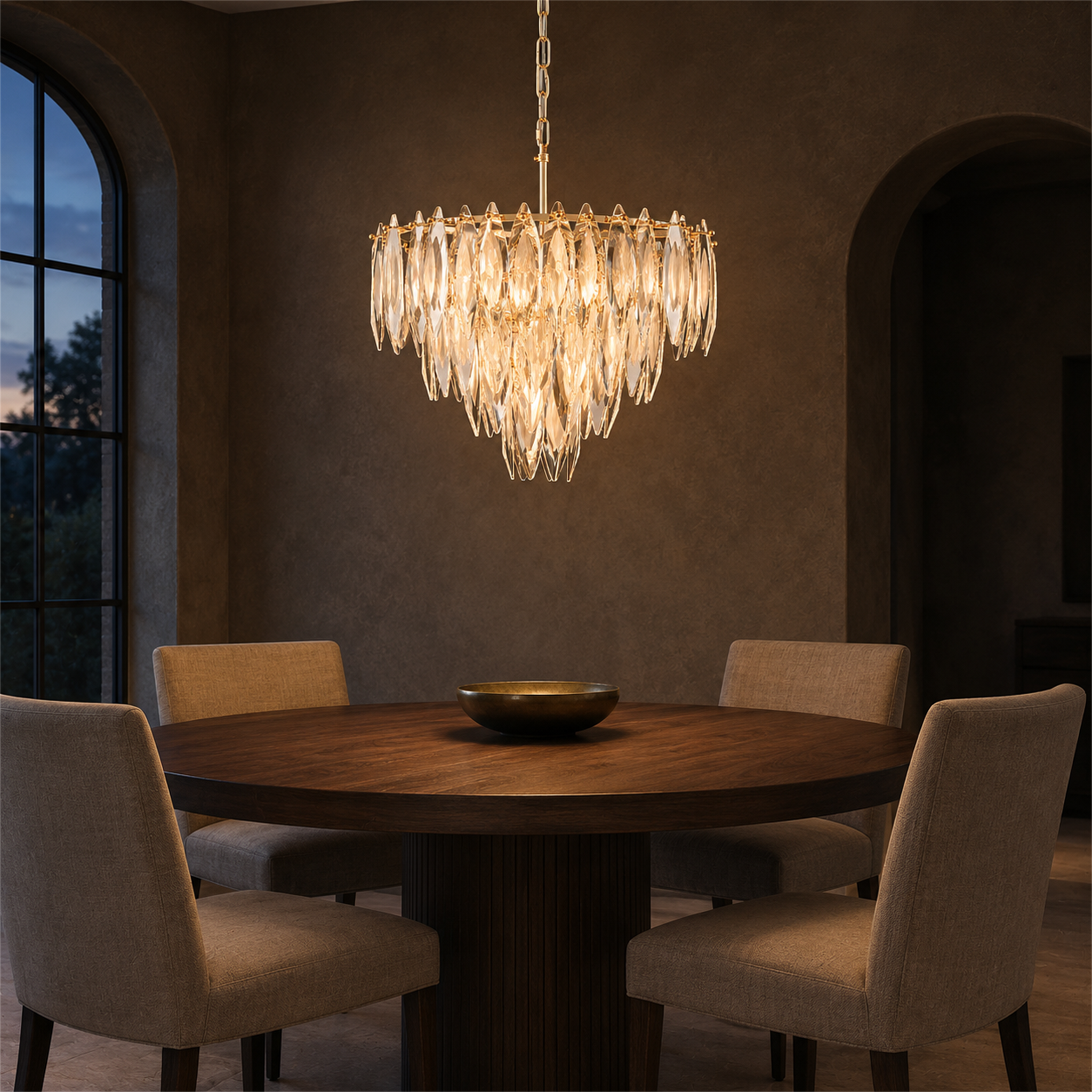 Multi-layers Crystal Chandelier, Classic Circle Frames and Leaf Shape Crystal Pendant Light for Dining Room, Living Room, Bedroom