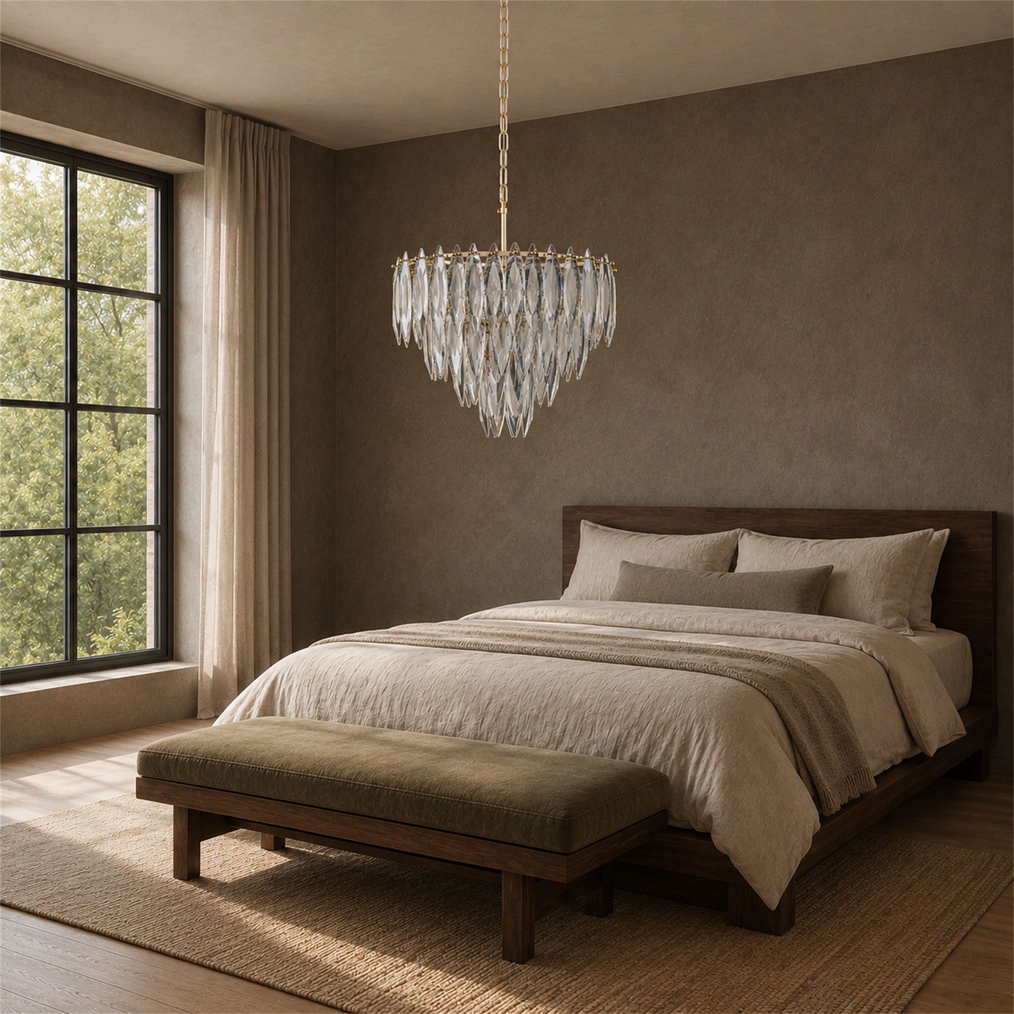 Multi-layers Crystal Chandelier, Classic Circle Frames and Leaf Shape Crystal Pendant Light for Dining Room, Living Room, Bedroom