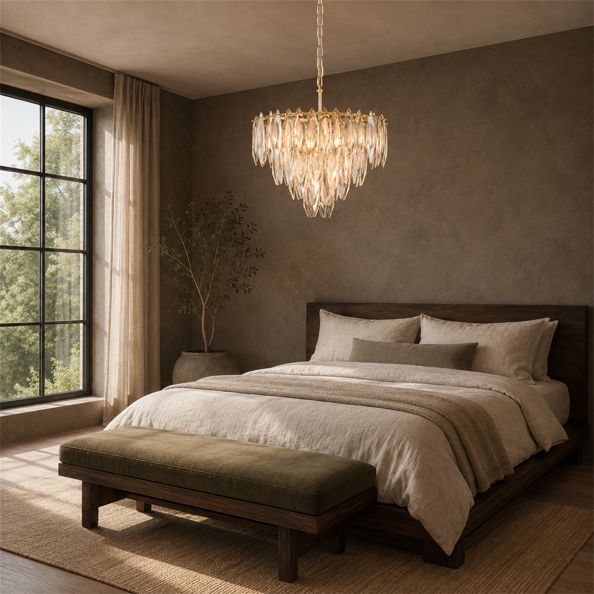Multi-layers Crystal Chandelier, Classic Circle Frames and Leaf Shape Crystal Pendant Light for Dining Room, Living Room, Bedroom