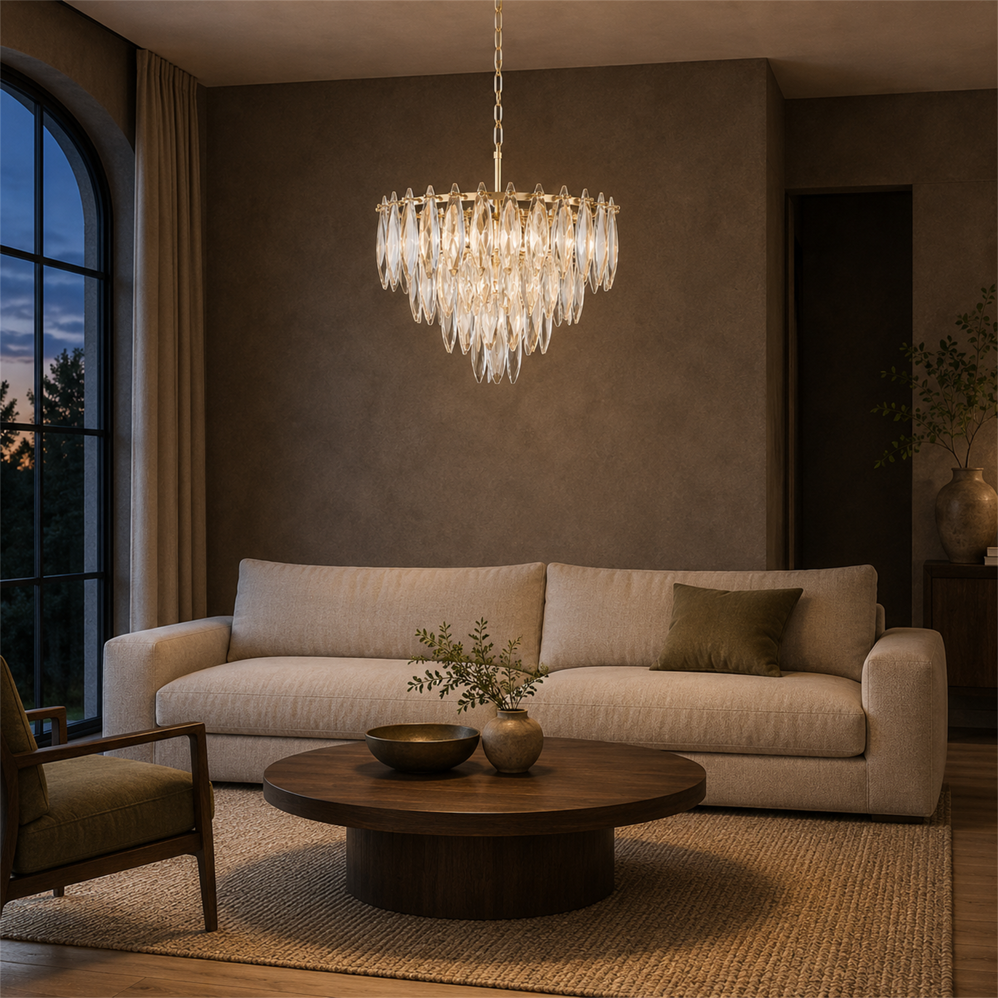 Multi-layers Crystal Chandelier, Classic Circle Frames and Leaf Shape Crystal Pendant Light for Dining Room, Living Room, Bedroom