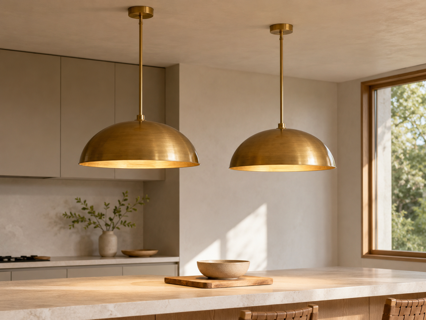 Pair of wide brass dome pendant lights hanging above a kitchen island in morning light